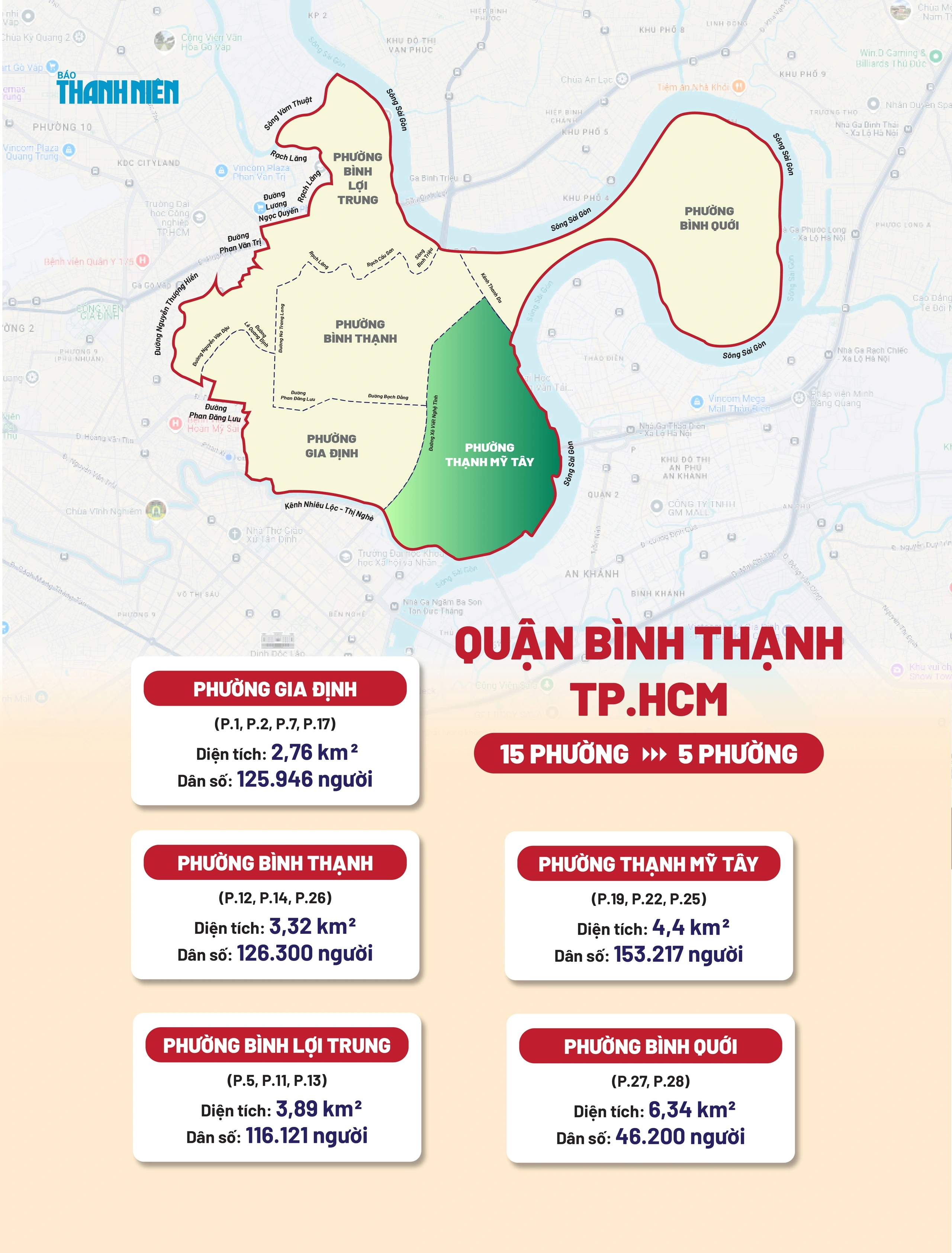 Thông tin quận Bình Thạnh sau sáp nhập, chia thành 5 phường trong đó có phường Bình Thạnh
