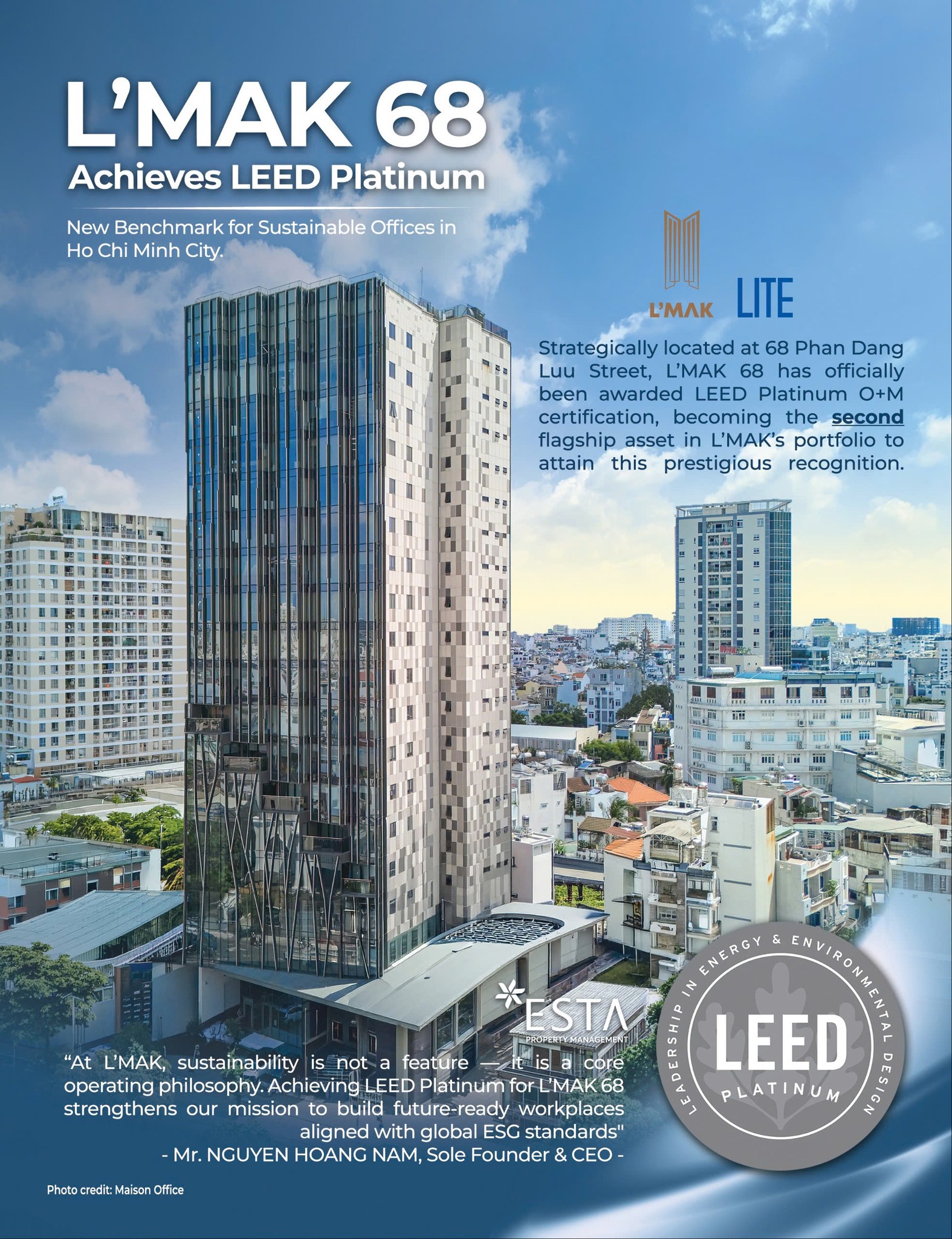 Tòa nhà L'Mak 68 Phan Đăng Lưu đạt LEED Platinum O+M vào ngày 11/3/2026