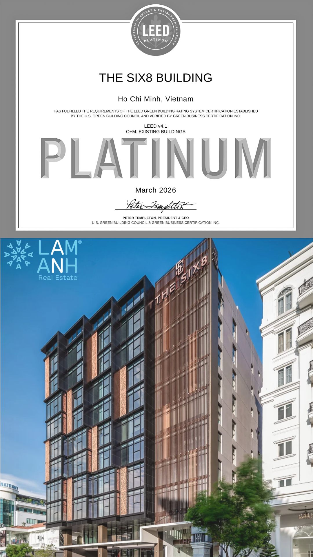 The Six8 Building chính thức đạt chứng nhận LEED Platinum theo hệ tiêu chuẩn LEED O+M v4.1 - Cấp độ cao nhất trong hệ thống chứng nhận công trình xanh do U.S. Green Building Council (USGBC) phát triển.